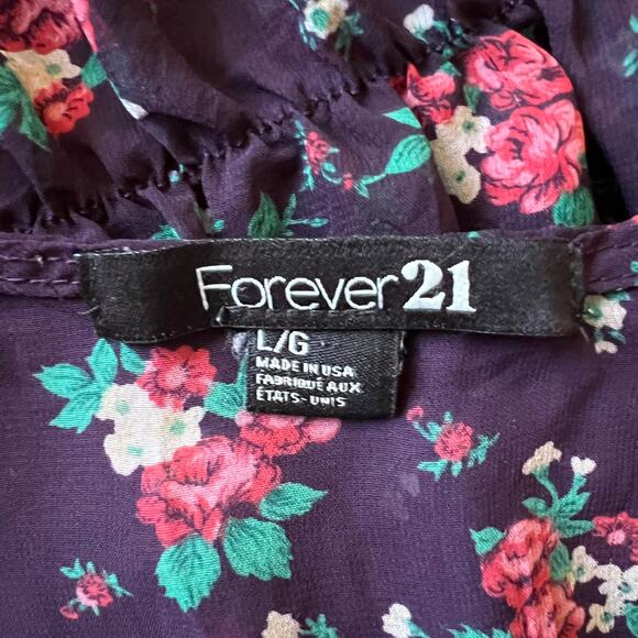 Forever 21 Purple Floral Print V Neck Semi Sheer Top, L - Picture 5 of 6